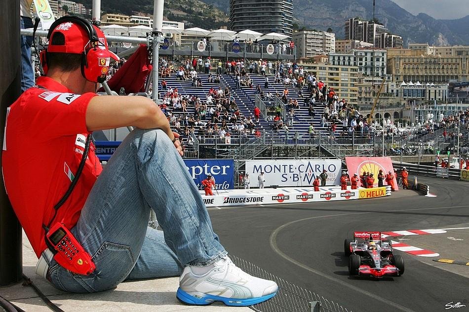 Michael Schumacher watching Lewis Hamilton drive around Monaco - Sutton