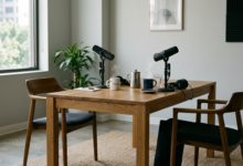 Two podcast microphones on stands, steaming coffee mugs, headphones, and a glass of water on a wooden table between two chairs