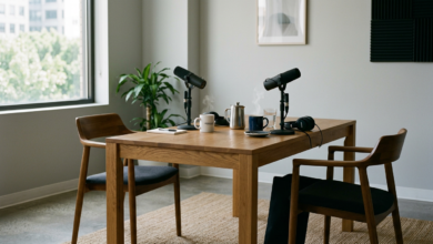 Two podcast microphones on stands, steaming coffee mugs, headphones, and a glass of water on a wooden table between two chairs